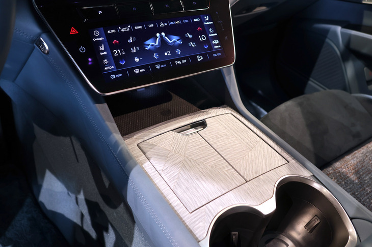 グレーブルーの風合いをもつ木材がセンターコンソール、ダッシュボード、ステアリングホイールなどに用いられている。