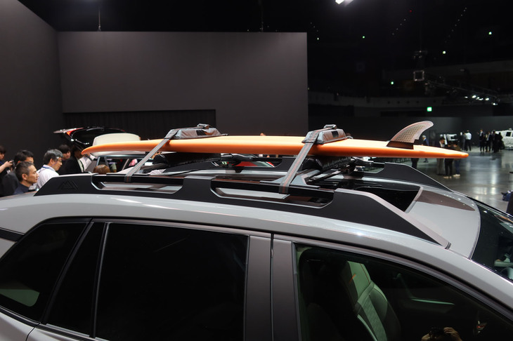 トヨタRAV4アドベンチャー（ルーフレールと積載されたサーフボード）