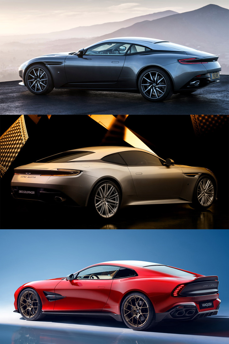 上から「DB11」「DB12」と新型「ヴァンキッシュ」。DB11では車体下部に張り出しがなく、そのまま内側に収束していたのに対し（ボディーと別色の小さなスカートは付いていた）、DB12やヴァンキッシュでは、ボディーの張り出しやサイドスカートが主張している。