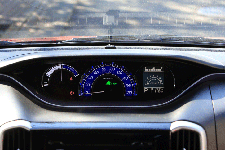 フルハイブリッド車専用設計のメーター。パワーフローメーターを搭載するためにエンジン回転計は廃止され、代わりにインフォメーションディスプレイにエンジン回転数の表示機能が追加された。