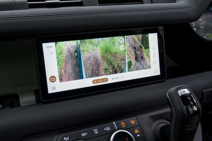 センタースクリーンには車両前方と左右のフロントタイヤ周辺を同時に映し出すことができる。オフロードでももちろん便利な機能だが、画面では「オンロード」の部分が強調されている。