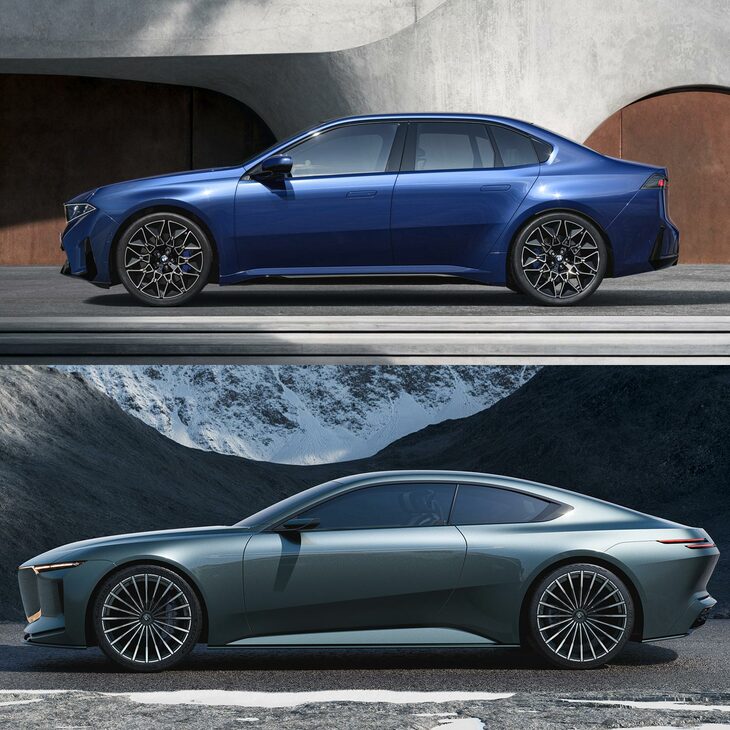 「BMW i3」（上）と「ビジョンBMWアルピナ」（下）のサイドビュー。プレスラインの角度こそ違うが、ともにボディーの下部に折れ線が入り、その下が大きく削り込まれている。