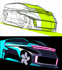 現行型「ヴォクシー」の初期のキースケッチ。ヘッドランプとロワグリルの間に大きな“間”があり、より面で見せるデザインとなっていた。