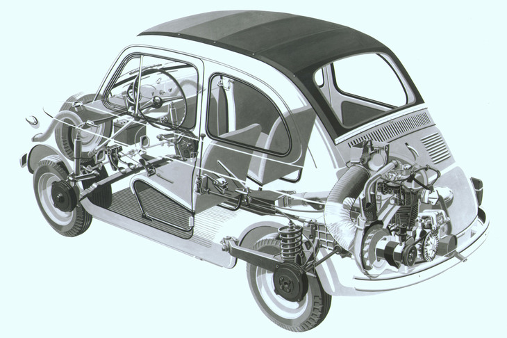 2代目「フィアット500」の透視図。先に登場した「600」同様のRRレイアウトで、コンパクトな直列2気筒エンジンを搭載していた。