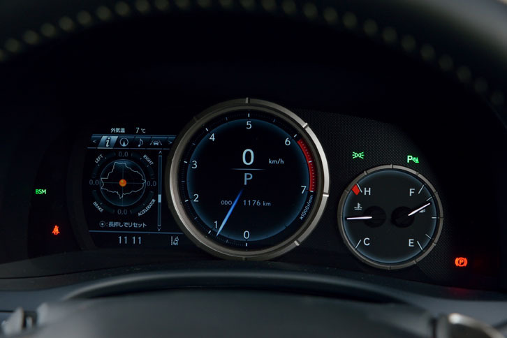 シルバーリングのメーターに8インチのインフォメーションディスプレイが組み合わされた、“Fスポーツ”専用メーター。「エンジンを回す楽しさ」が視覚的に表現されている。