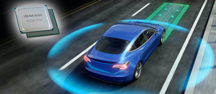 ルネサスエレクトロニクスの、最新の車載半導体「R-Car V3U」。自動運転に必要な処理を一つのチップでこなす能力を備える。