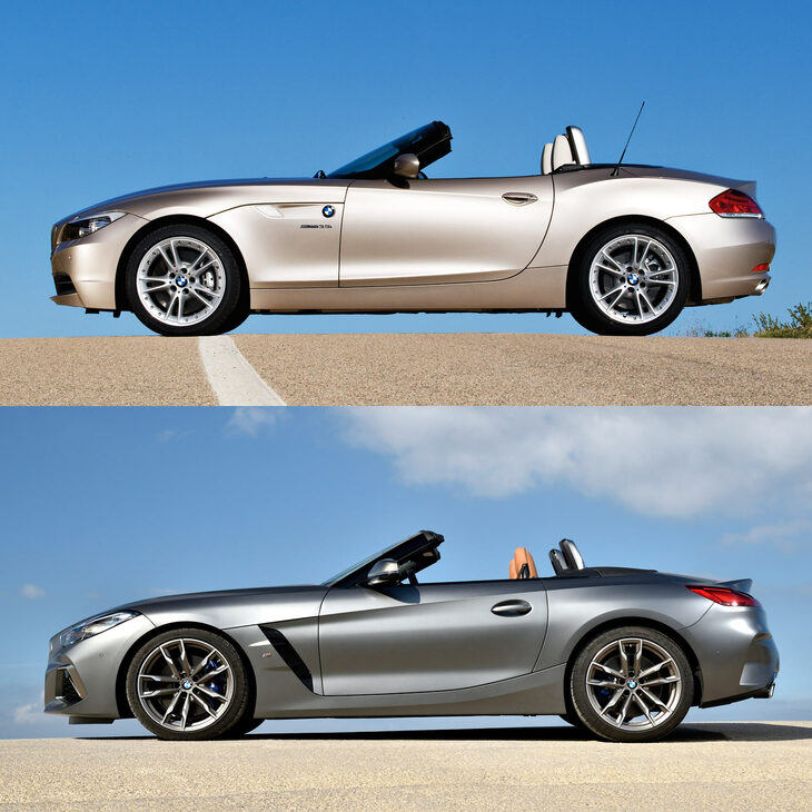 新旧「Z4」の寸法を比較すると、先代（上）が全長4250mm、ホイールベース2495mmなのに対し、現行型は全長4335mm、ホイールベース2470mmである。現行型では全長が大きく延びたのに、ホイールベースは短くなっているのだ。