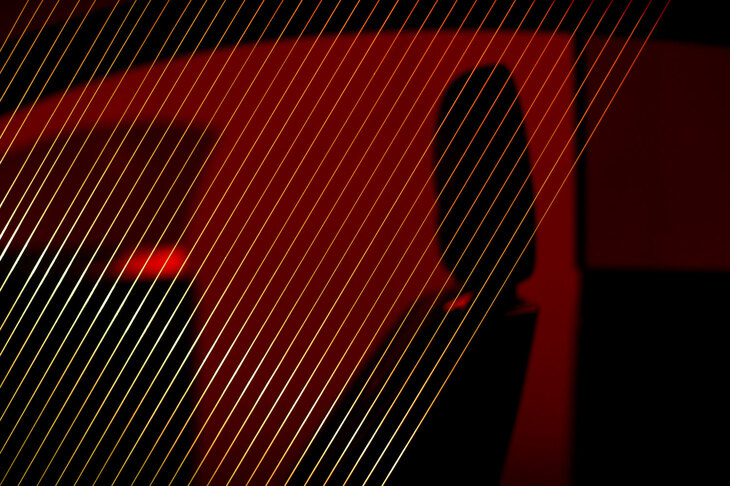 運転席とVIP席の間には、楽器の弦を思わせる糸で仕切りが設けられている。