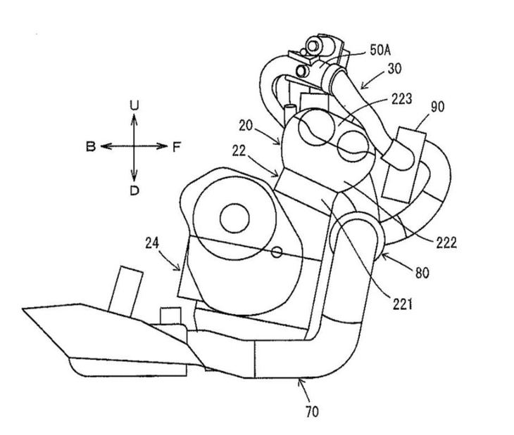 同じく、ヤマハのターボ車に関する資料に見られるエンジンのイメージ。図の80番がターボである。
