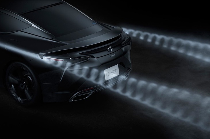 専用CFRPリアウイングの機能を示すイメージ。ウイングの端部から車体の後方へと縦渦を生成し、空気抵抗や車体揺れの原因となる気流の巻き込みを抑制。これにより、優れた操縦性と走行安定性を実現するという。