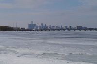 アメリカとカナダを隔てるデトロイト川。ショーの季節には、ご覧の通り川面一面が凍結していることも珍しくない。
    