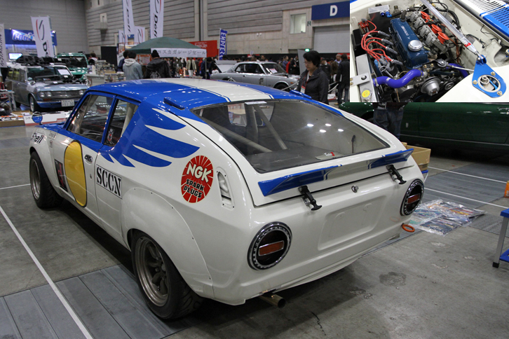 「日産チェリー・クーペX-1・R」レーシング仕様。星野一義が日産大森契約ドライバー時代に駆ったマシンのレプリカだが、A12エンジンにはソレックスではなくFCRキャブを装着。代表がチェリー大好きで、通常業務の合間を縫ってここ10年間におよそ20台のチェリーをレストアしたという広島の竹口自動車の出展。