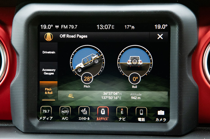 メーターパネルやダッシュボードのディスプレイには、走行に関わるさまざまな情報が表示される。写真はピッチ＆ロールの表示。今回走った試乗コースの最大斜度は、31°に達した。