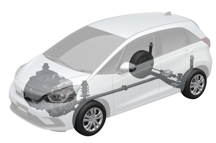 新型「フィット」の4WDシステムの構造図。独立した小型モーターを使って補助的に後輪を駆動するコンパクトカーが多いなか、同モデルはプロペラシャフトで前後アクスルを連結するという本格的なメカニズムを採用する。