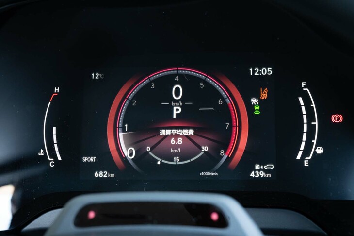 メーターはセンターの一眼を基本とした液晶表示式。ドライブモードを「スポーツ」にすると赤くなる。