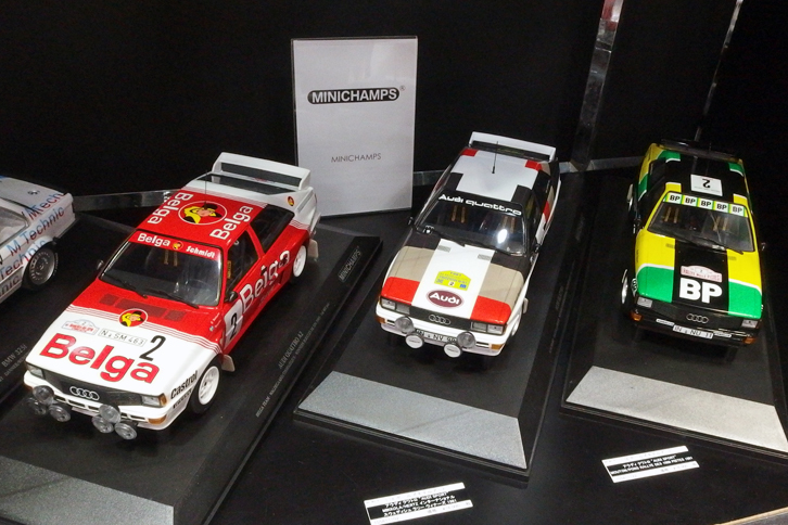 ミニチャンプスの1/18レジン製「アウディ・クワトロ」のラリーカー3連発。いずれも予定価格1万6000円。