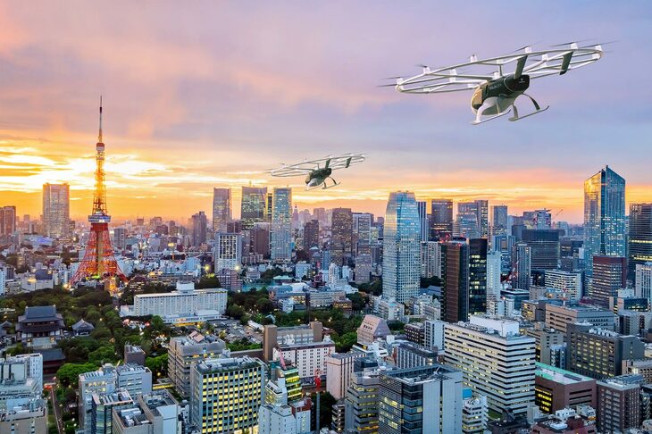 ヴォロコプター製eVTOL「ヴォロシティー」が東京を飛行するイメージ図。（photo：Volocopter）
