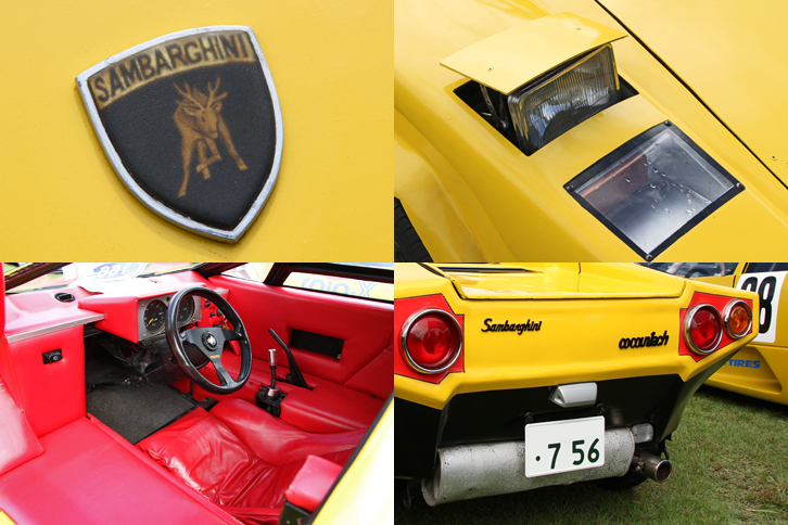「サンバルギーニ・コカウンタック」のディテール。写真左上から時計回りに、雄牛の代わりにサンバー（水鹿）をあしらったノーズのエンブレム。「トヨタ・クレスタ」（X70系）から流用したヘッドライト。テールランプは「スバル・ヴィヴィオ ビストロ」用で、エンブレムは自作。サイズとデザインの関係から、必然的にセンターステアリングのシングルシーターとなった。右シフトは製作者兼オーナーのこだわり。