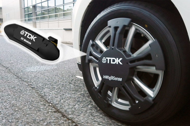 TDKが開発した「ピエゾ環境発電によるホイール完結型センシング」。タイヤの空気圧や摩耗の検知、路面状態の検知を可能とするIoT技術で、ホイールの回転によって自家発電するため、電源が不要な点が特徴だ。