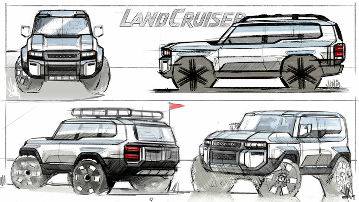 「ランドクルーザー“250”」のデザインスケッチ。
	ほった「そういえば、ランクル250って、まずは“角目”のほうからデザインされたらしいですよ」