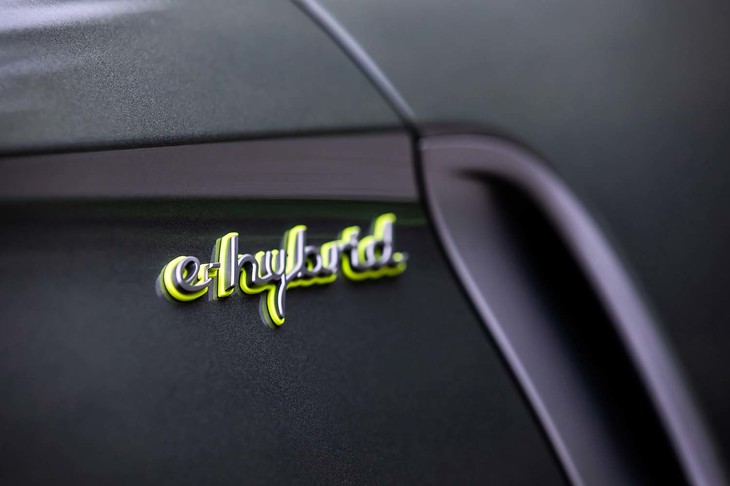 フロントドア前方の「e-hybrid」ロゴも、サテンプラチナとアシッドグリーンでドレスアップされる。