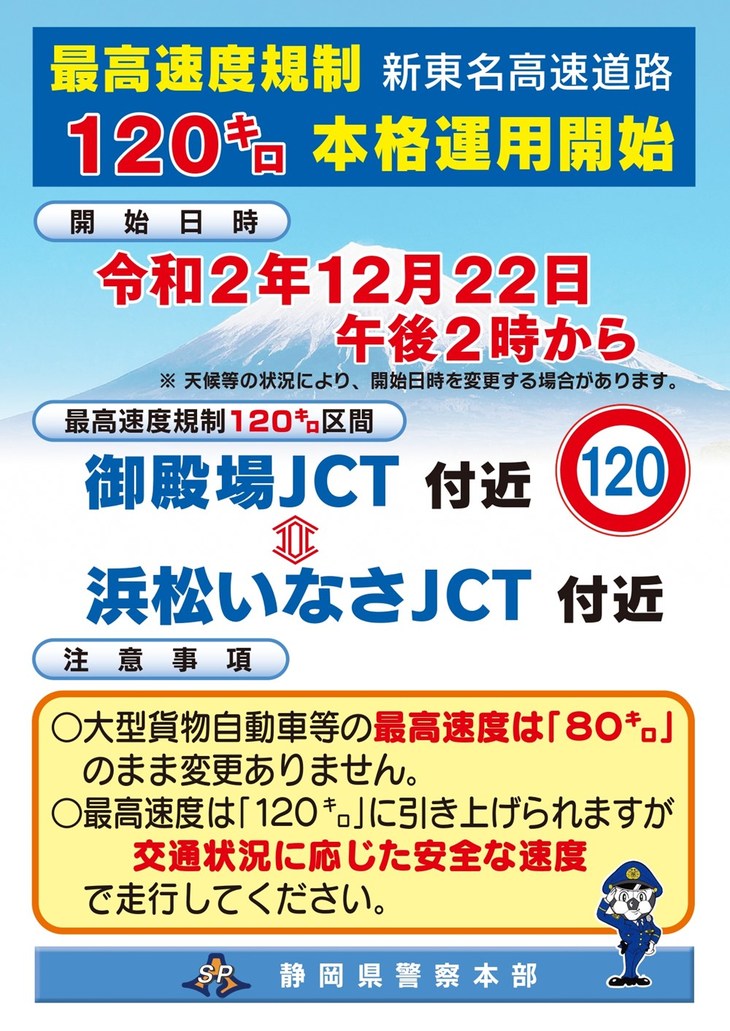 新東名の御殿場ジャンクションから浜松いなさジャンクションまでの145kmの区間で最高速120km/hの本格運用が始まる！