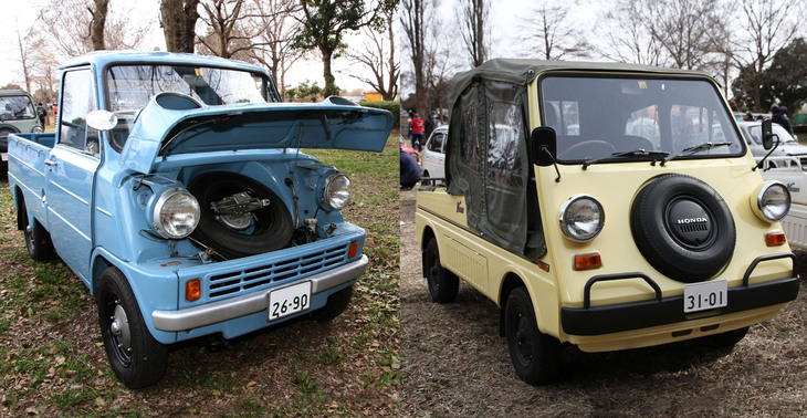 ちょっと脱線。左は「T360」がフロントフードを開けたところ。右は「バモス4」。顔つきが似てると思うのは私だけ？