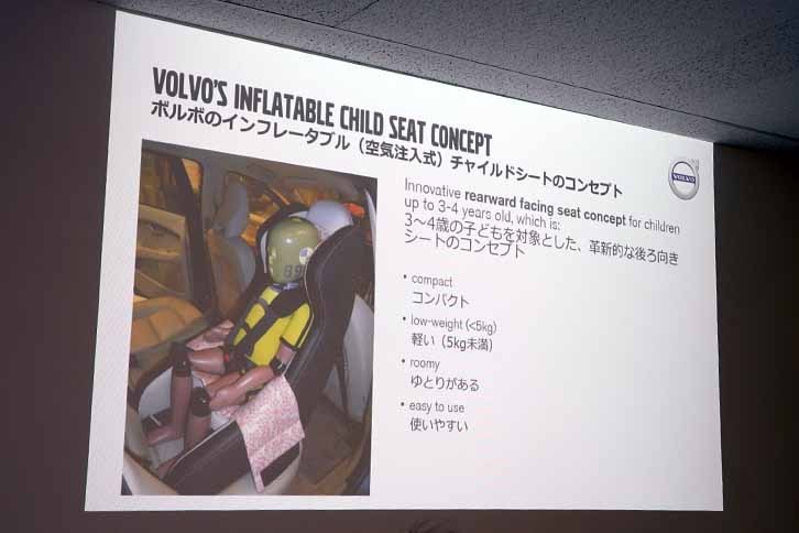 
	ボルボのインフレータブル（空気注入式）チャイルドシートのコンセプト。簡単に折り畳めて、持ち運びができる。総重量は5kg以下。
	
