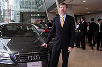 アウディ・ジャパンのヴァルター・ハーネック社長。ヨーロッパでの「A8」は、BMW、メルセデスベンツら高級車の12気筒モデルのうち、48％のシェアを誇るとか。