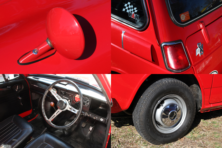 「ホンダN360S」のディテール。左上から時計回りにボディー同色のスポーツミラー、リアクオーターのエアアウトレットカバーとトランクリッドのエンブレム、通称NⅠ（エヌワン）と呼ばれる第1世代の「N360」の「Sタイプ」のなかでも、初期型だけに付く専用ホイールキャップ、そして革巻きのステアリングホイールやタコメーターの備わるダッシュボード。二輪と同じコンスタントメッシュ（常時噛合）式の4段ギアボックスのシフトレバーは、「シトロエン2CV」や「ルノー4」のようにダッシュ下から生えている。