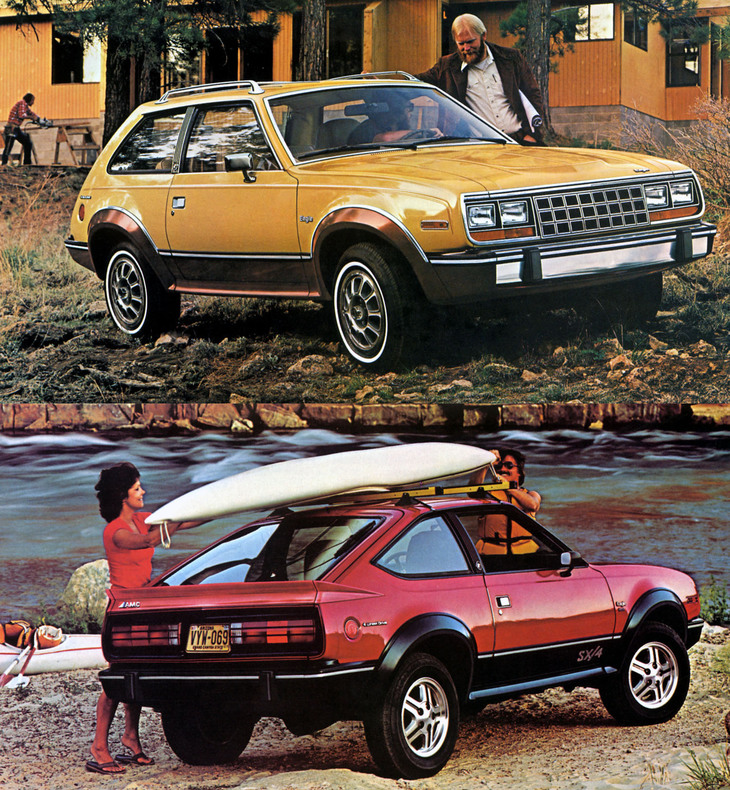 「AMCイーグル（シリーズ50）」。上の3ドアハッチバックが「カムバック」、下の3ドアハッチバッククーペが「SX/4」と呼ばれる。エンジンは標準が2.5リッター直4で、4.2リッター直6がオプション。