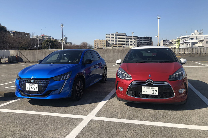 愛車「シトロエンDS3」（右）の代わりとなる足グルマとして、BEV「プジョーe-208」（左）も候補に挙がった。以前、最高出力100PSの1.2リッター直列3気筒ターボエンジンが搭載された「208 GTライン」に試乗した時は、「乗れば乗るほどしなやかで気持ちイイ」と最新フレンチコンパクトカーの乗り味に感心した。