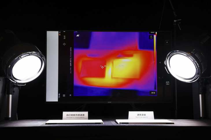 「自動車用自己放射冷却塗装」（写真左）と通常塗装（同右）を施した金属板を同時に熱し、表面温度の差をチェックした。熱分布を表示するサーモグラフィーカメラで計測すると、両者には10℃以上の差が確認できた。