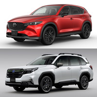 「マツダCX-5」（上）と新型「スバル・フォレスター」（下）の比較。ラインナップの多くのグレードが19インチのタイヤ＆ホイールセット（タイヤサイズ：225/55R19）を履くCX-5に対し、フォレスターは依然として18インチのタイヤ＆ホイールセット（タイヤサイズ：225/55R18）がメインだ。