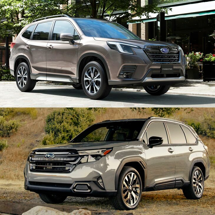 現行型（上）と新型（下）の「フォレスター」。　
	渕野「新型のほうがやっぱりキャラクターがはっきりしていていいですね」　
	ほった「個人的には現行型も憎からず思っていますけどね。質実剛健な感じがして。あと、言い方は悪いですけど『ダサかっこいい』感じがして親近感が持てます」