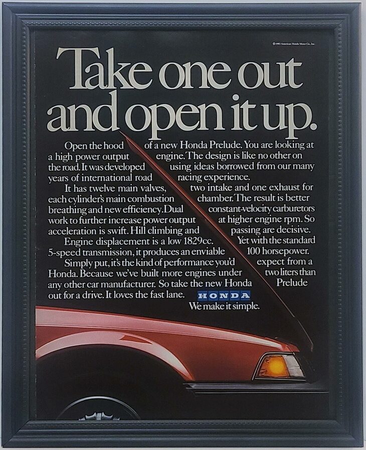 1983年当時の、米国における「ホンダ・プレリュード」の広告。プレリュードは米国でも、初代から5代目までしっかり販売されていた。
