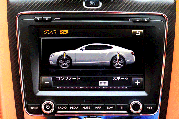 サスペンションのセッティングは4段階に変更できる。写真は、センターモニター上の設定画面。（写真をクリックすると、モニターの表示バリエーションが見られます）