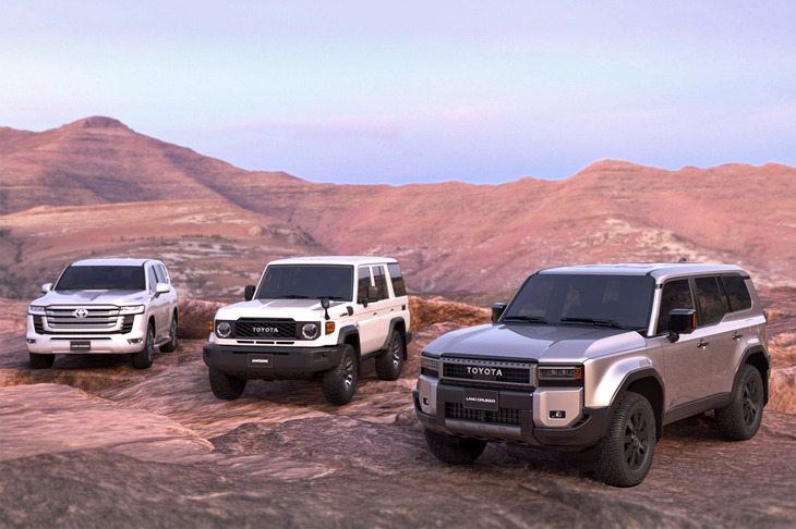 ランクルファミリーの最新モデル群。写真向かって左から、ステーションワゴン系の「300」、ヘビーデューティー系の「70」、ライトデューティー系の「250」。