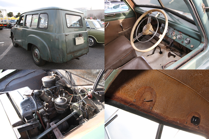 「ダットサン・ライトバン DV-4」の中身は、基本的に戦前からの設計を踏襲しており、ラダーフレームに前後リジッドアクスルを持つ。写真左上から時計回りに、横開きのテールゲートを備えたリアビュー、インパネまわり、助手席側が手動のワイパー（助手が乗ることが前提だった）、そして最高出力25psを発生する直4サイドバルブ860ccエンジン。