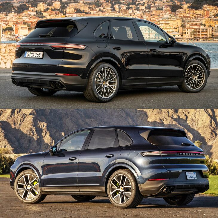 同じくマイチェン前（上）／後（下）の「カイエン」。リアコンビランプの薄さやナンバープレートの位置に注目。