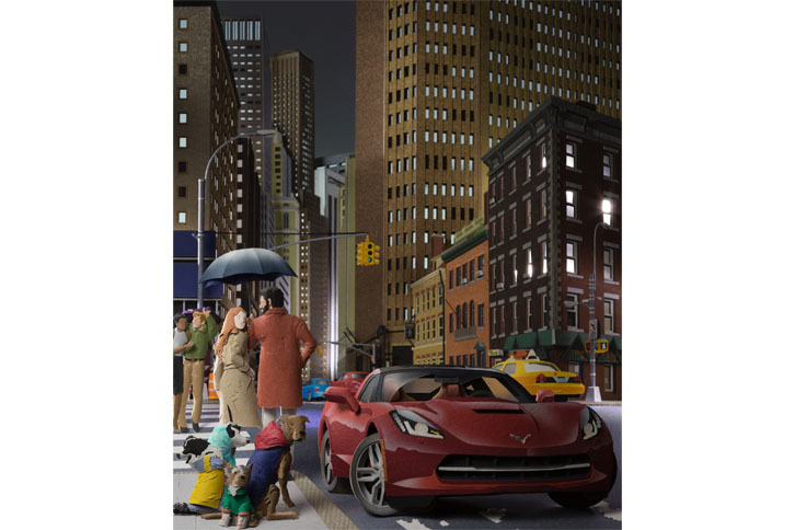 「シボレー・コルベット」が雨の夜の摩天楼にたたずむ作品。タイトルは「Good night New York」。『CAR GRAPHIC』2015年11月号で発表された。Copyright 2015 PAPER MUSEUM All Rights Reserved.