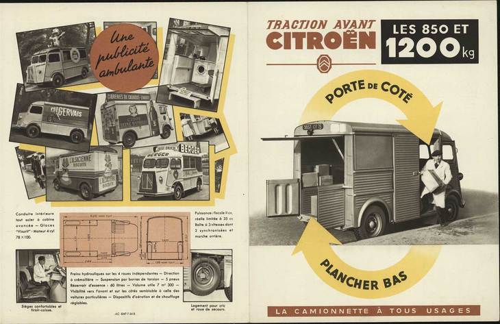 オリジナルの「シトロエン・ティープH」の1951年型カタログから。スライド式側面扉をはじめ、商用車としての機能性と利便性が徹底的に盛り込まれていた。