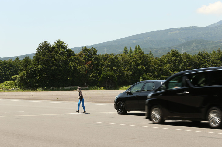 時速40kmで走行する「ヴェルファイア」の前に、子供を模したダミー人形が飛び出す。