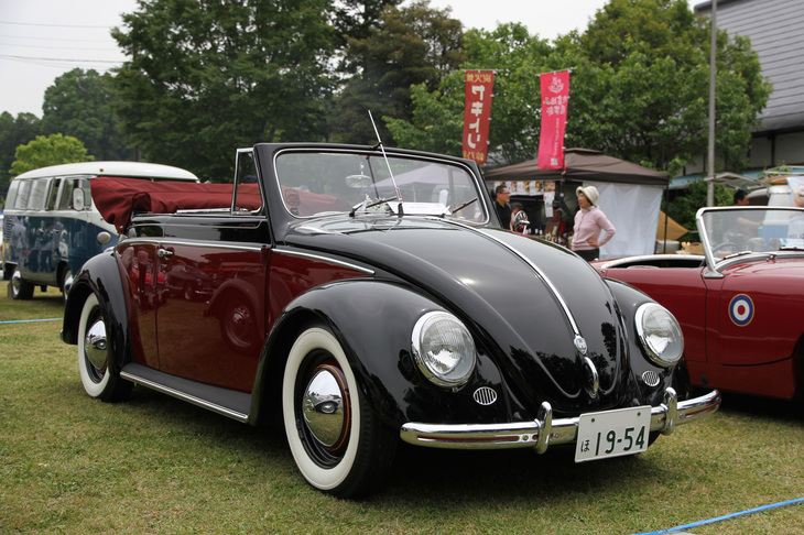 1954年「フォルクスワーゲン・カブリオレ」。シックなカラーリングで美しく仕上げられた、オーバルウィンドウ時代の「ビートル」のカブリオレ。
