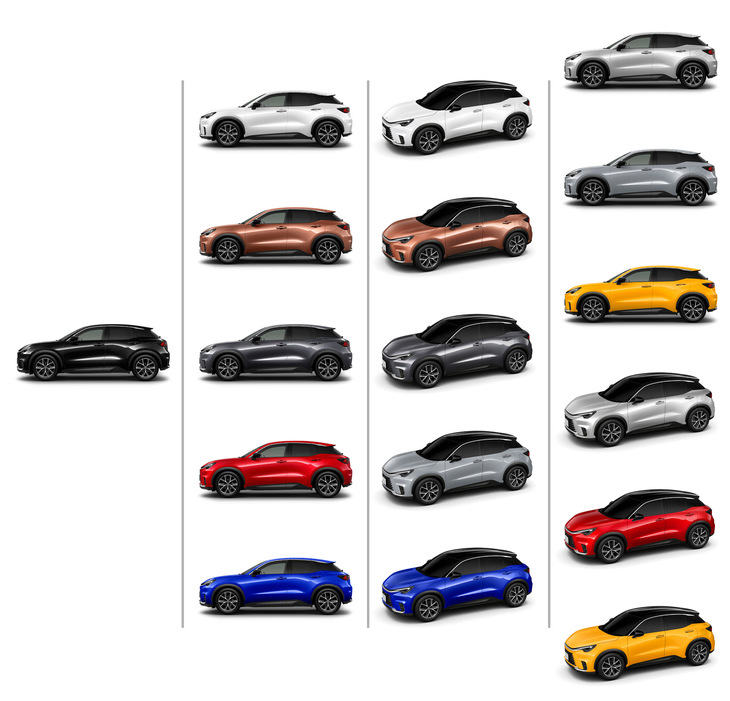 豊富なカラーバリエーションも「LBX」の大きな魅力。左端の「ブラックマイカ」は全車で選択可能で、「リラックス」（左から2列目）および「クール」（同3列目）ではさらに5種類の色が選べる。これらに加え、「ビスポークビルド」には6種類（右端）のカラーリングが用意される。