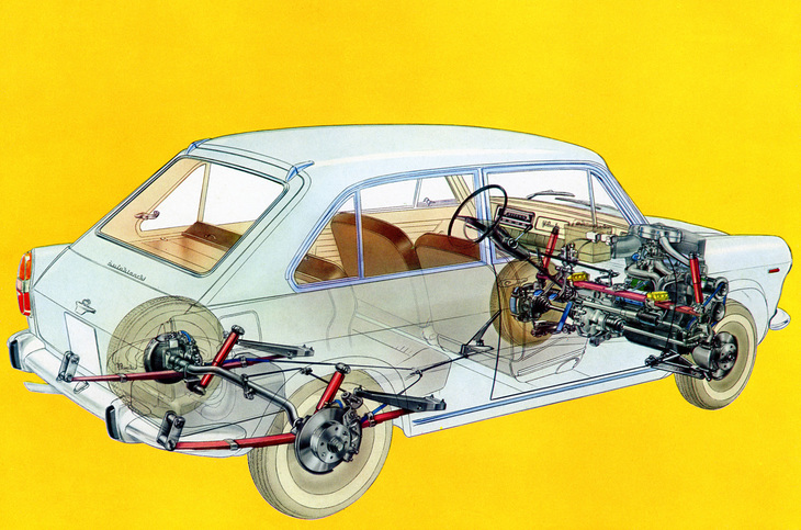 「アウトビアンキ・プリムラ」は「フィアット1100D」用の1.2リッター直4 OHVエンジンを右にオフセットして積み、ジアコーザ式ドライブトレインを介して前輪を駆動。サスペンションは前がダブルウイッシュボーン／横置きリーフ、後ろがリーフリジッドと平凡だが、早くも4輪ディスクブレーキを採用していた。ステアリングもフィアット系としては初のラック＆ピニオンだった。