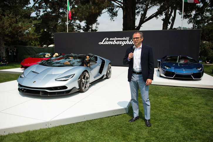 「ザ・クエイル・モータースポーツ・ギャザリング」での発表会の様子。傍らに立つのは、ランボルギーニのドメニカリ社長。