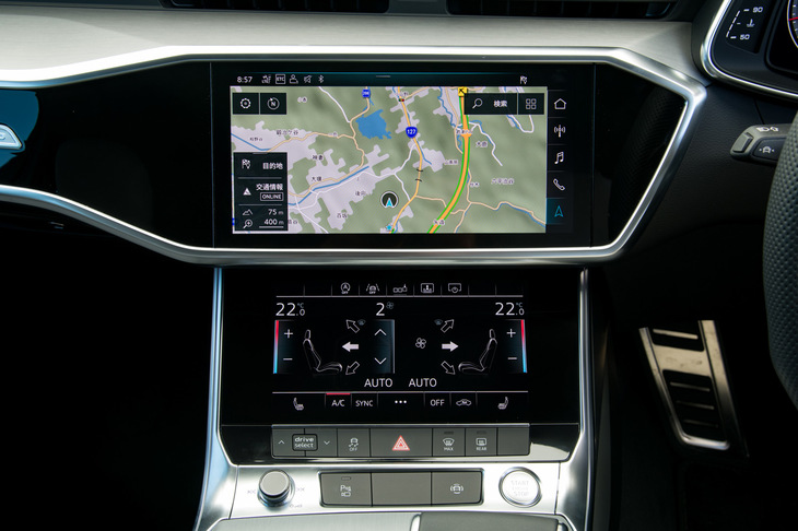 センターコンソールに備わる2枚のタッチスクリーン。「A6」ではインフォテインメントシステムに加え、空調もタッチ式での操作となる。