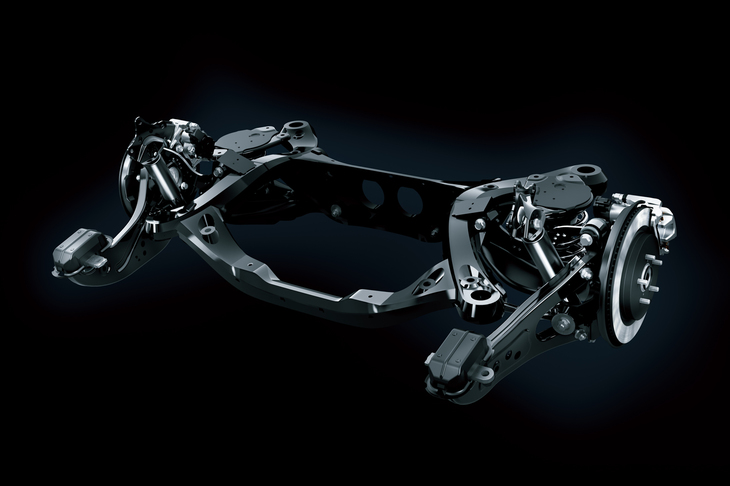 現行型「RX」のリアサスペンション。写真のとおり太いトレーリングアームが付いている。この構造だと、車体とアームの取り付け点を軸に、スイングするようにタイヤが動く。