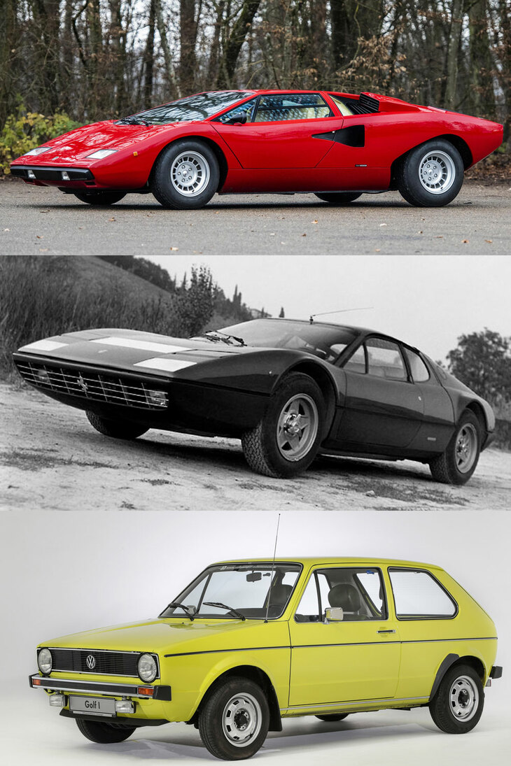 渕野氏が挙げた「世界3大自動車デザイナー」の代表作。上がマルチェロ・ガンディーニの「ランボルギーニ・カウンタック」、中段がレオナルド・フィオラバンティの「フェラーリ356GT4BB」、下がジョルジェット・ジウジアーロの初代「フォルクスワーゲン・ゴルフ」。